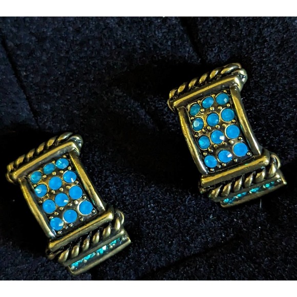 HEIDI DAUS Aquamarine BLUE SWAROVSKI CRYSTAL HALF HOOP EARRINGS Bronze Finish - Picture 4 of 12